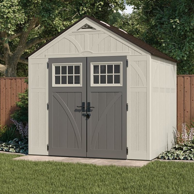 8x7 Suncast Tremont Plastic Shed - in situ, angle view,