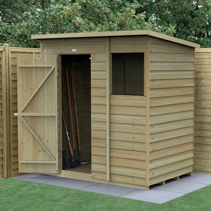 6 x 4 Forest 4Life Overlap Pent Wooden Shed - in situ with door open