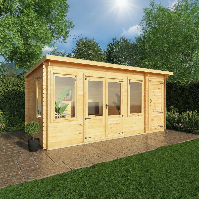 16x10 Mercia Pent Log Cabin with Side Shed in 19mm Logs - in situ, angle view, doors closed