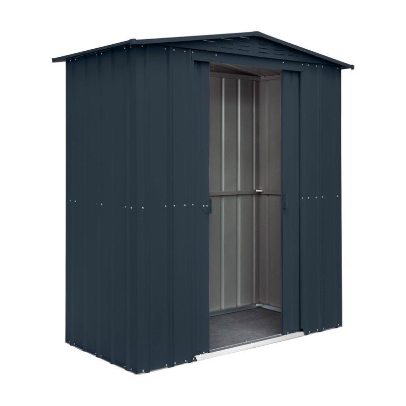 6 x 3 Globel Lotus Apex Metal Shed In Grey - isolated angle view, doors open