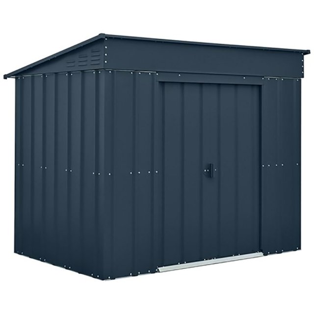 isolated image of the double doors closed on the 6x4 Lotus Low Pent Metal Shed in Anthracite Grey