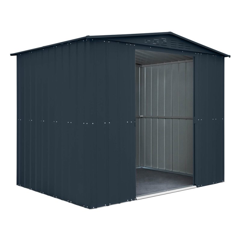 8 x 6 Globel Lotus Apex Metal Shed In Grey - isolated angle view, doors open