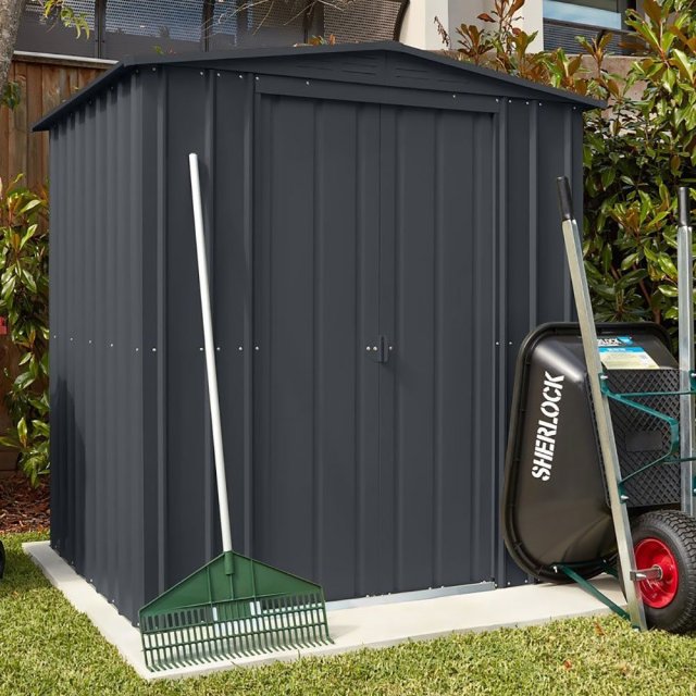 insitu image of the 6x5 Lotus Metal Shed in Anthracite Grey