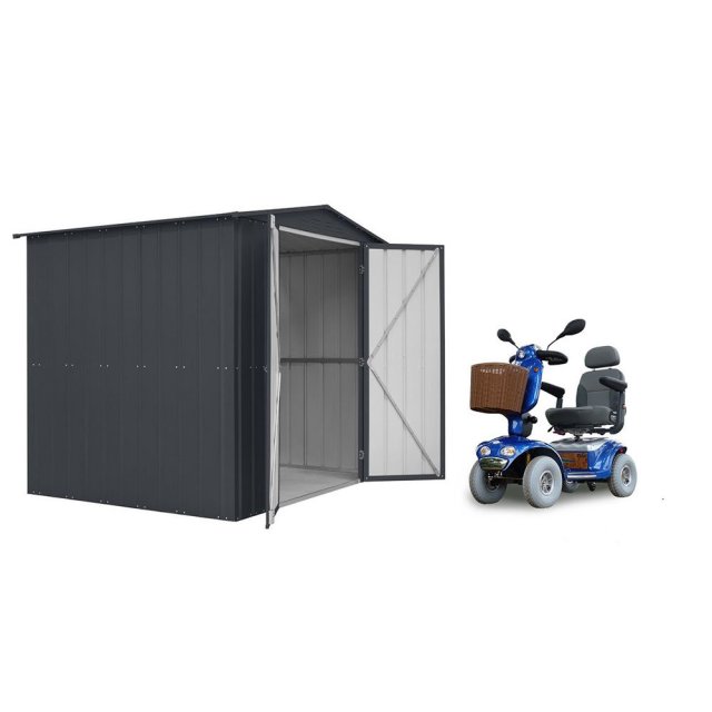 showing image of shed with mobility scooter for the 8x6 Lotus Apex Storage Mobility Metal Shed in An