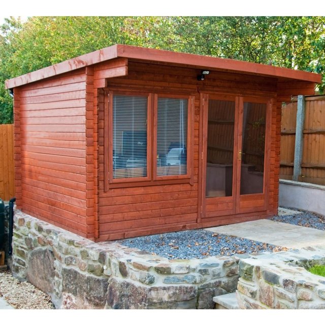 12Gx12 Shire Belgravia Log Cabin (28mm Logs) - insitu with doors and windows closesd and paiinted
