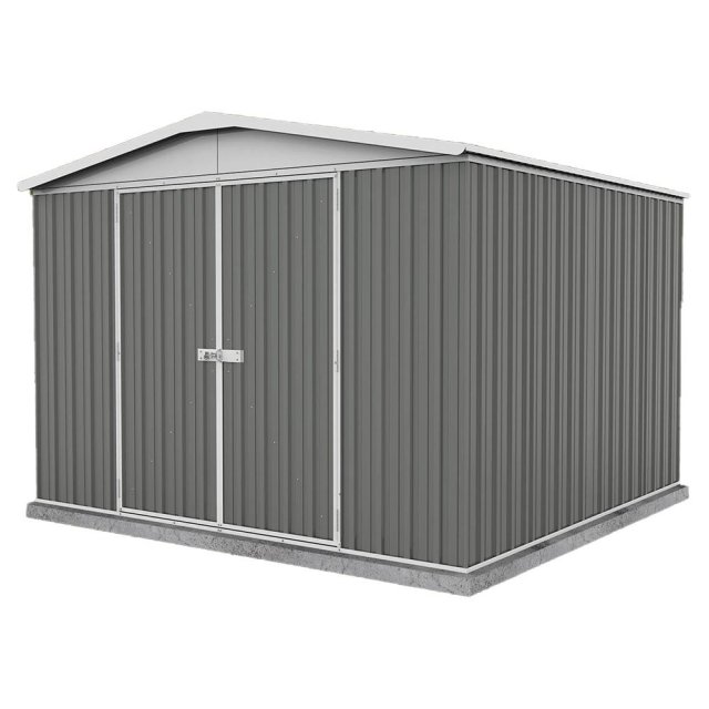 10x10 Mercia Absco Regent Metal Shed in Woodland Grey - isolated with double doors closed