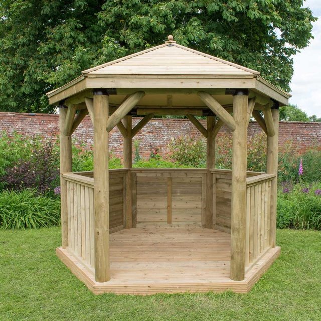 3m Forest Premium Hexagonal Wooden Garden Gazebo with Timber Roof - insitu