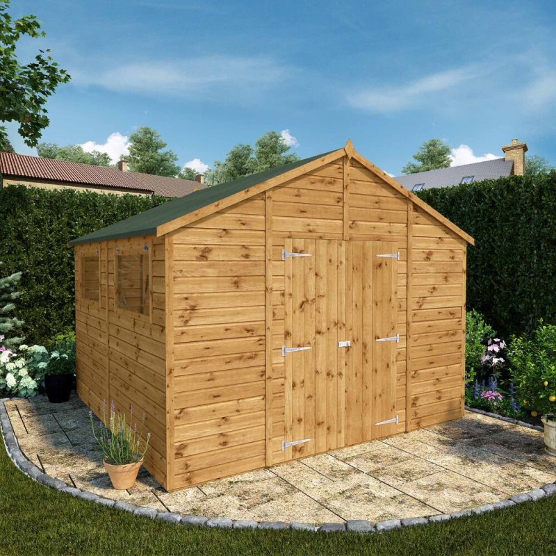 10x10 Mercia Premium Shiplap Apex Workshop - in situ, front view, doors closed