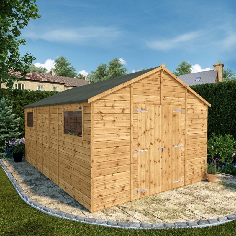 16x10 Mercia Premium Shiplap Apex Workshop - in situ, angle view