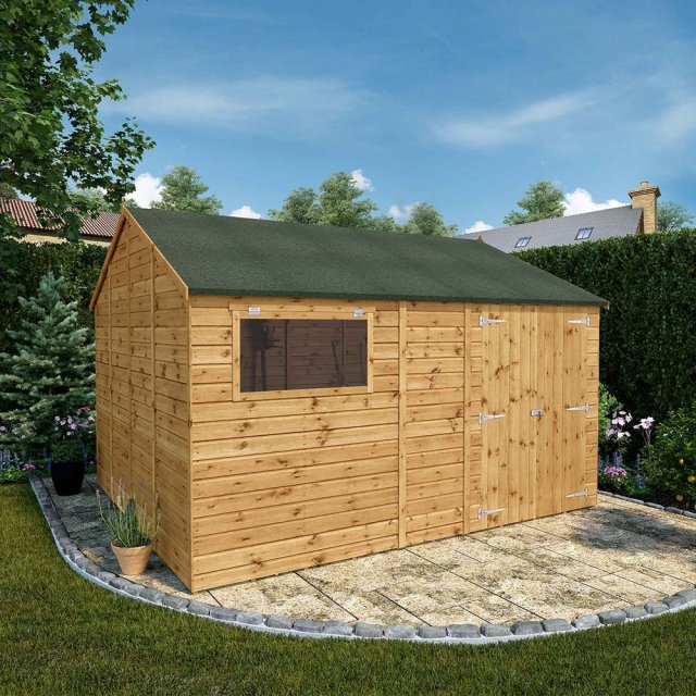 12x10 Mercia Premium Shiplap Reverse Apex Workshop - insitu with doors closed