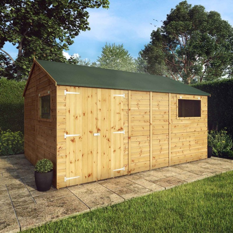14x10 Mercia Premium Shiplap Reverse Apex Workshop - in situ, angle view