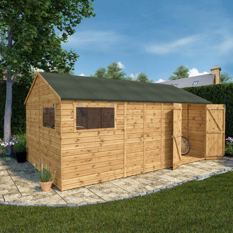 16x10 Mercia Premium Shiplap Reverse Apex Workshop - in situ, angle view