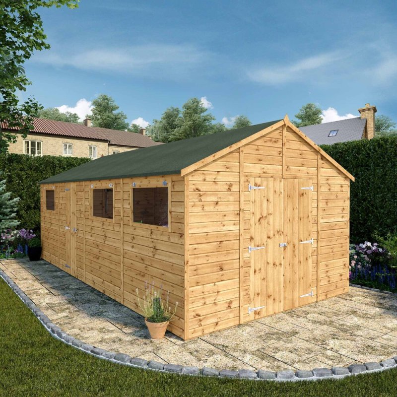 20x10 Mercia Premium Shiplap Apex Workshop - in situ, angle view, doors closed