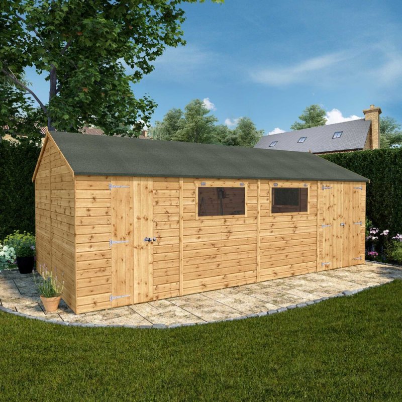 20x10 Mercia Premium Shiplap Reverse Apex Workshop - in situ, angle view, doors closed