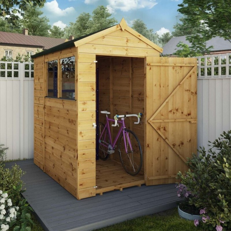 6x4 Mercia Shiplap Apex & Reverse Apex Shed - in situ, angle view, doors open