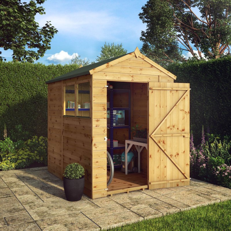 7x5 Mercia Shiplap Apex & Reverse Apex Shed - in situ, angle view, doors open