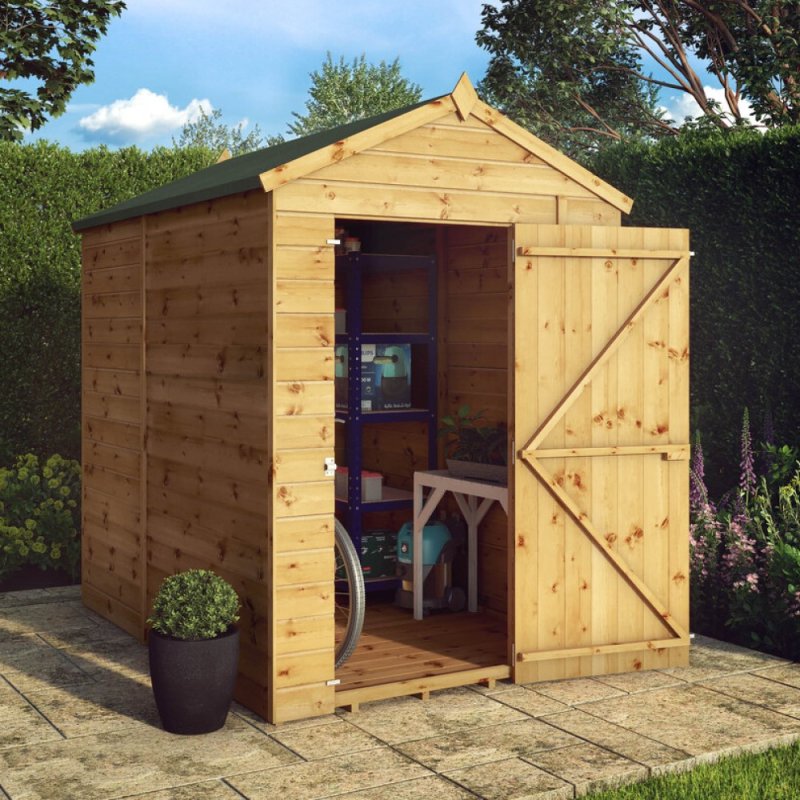 7x5 Mercia Shiplap Apex & Reverse Apex Windowless Apex Shed - Windowless - in situ, angle view, doors open