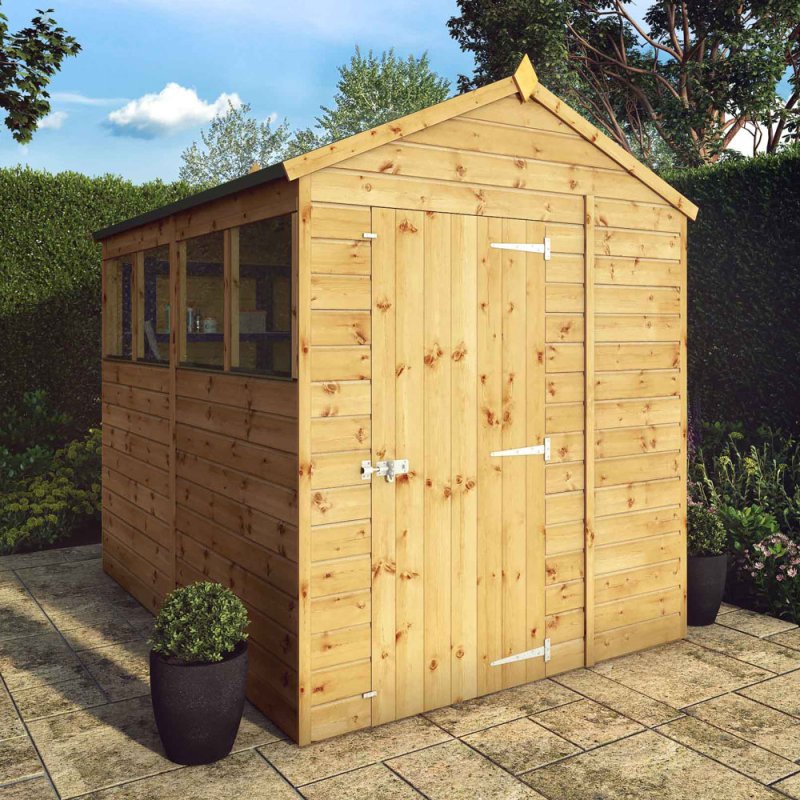 8x6 Mercia Shiplap Apex & Reverse Apex Shed - apex style insitu with door closed