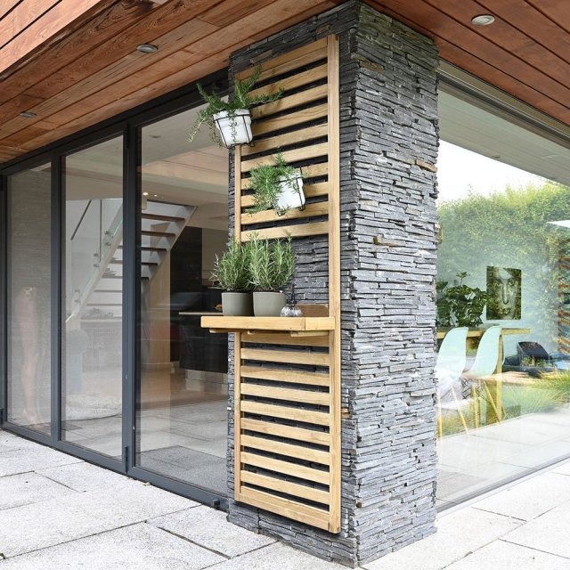 Forest Slatted Tall Wall Planter 1 Shelf - insitu against a house wall