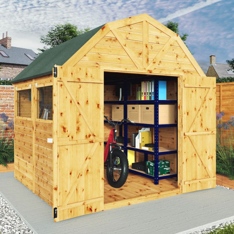 8x8 Mercia Premium Shiplap T&G Dutch Barn Shed - in situ with doors open