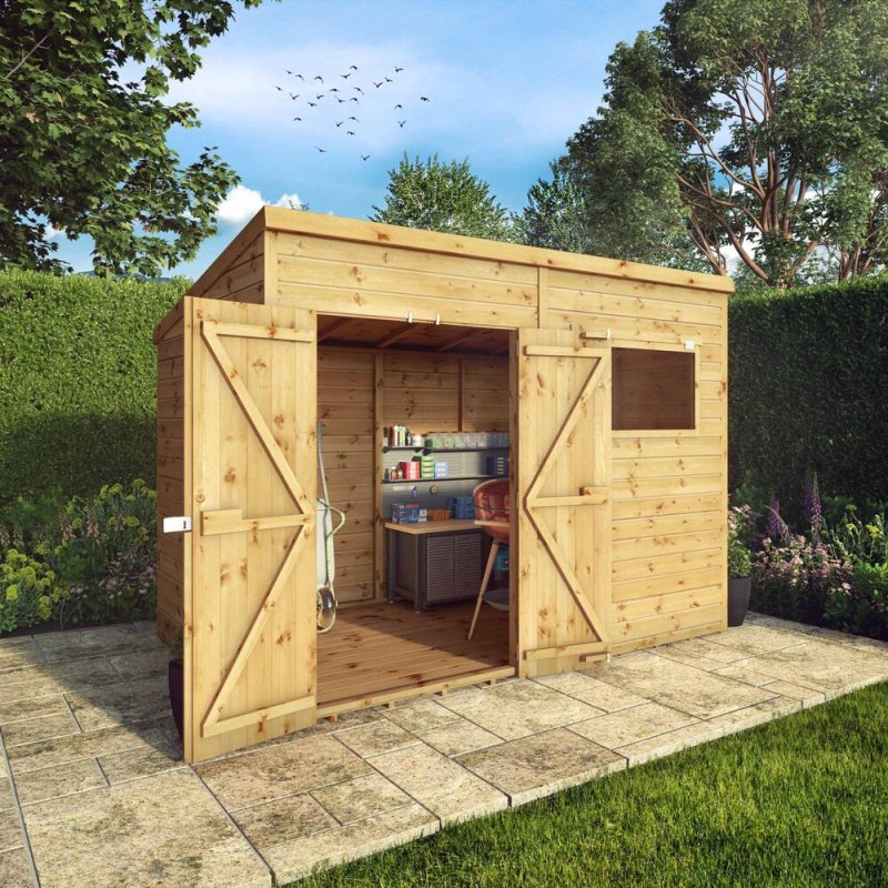 10x6 Mercia Premium Shiplap Pent Shed - in situ - angle view - doors open