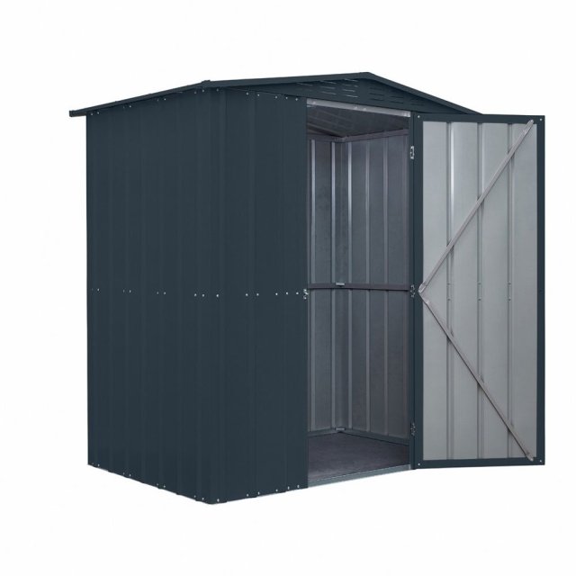 6x4 Lotus Metal Shed in Anthracite Grey - Hinged Single Door - Open Door, White Background