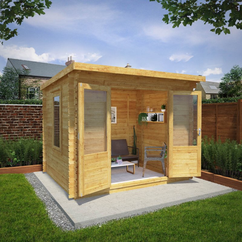 3.0mx2.5m Mercia Pent Log Cabin - 28mm Logs - in situ, doors open