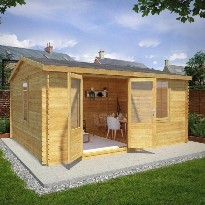 5m X 4m Mercia Home Office Elite Log Cabin (34mm To 44mm Logs) - in situ, angle view, doors open
