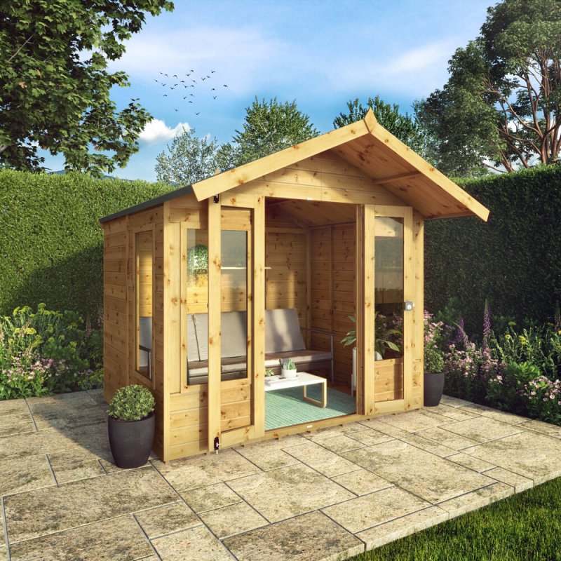 6x8 Mercia Premium Sussex Summerhouse - in situ, angle view, doors open