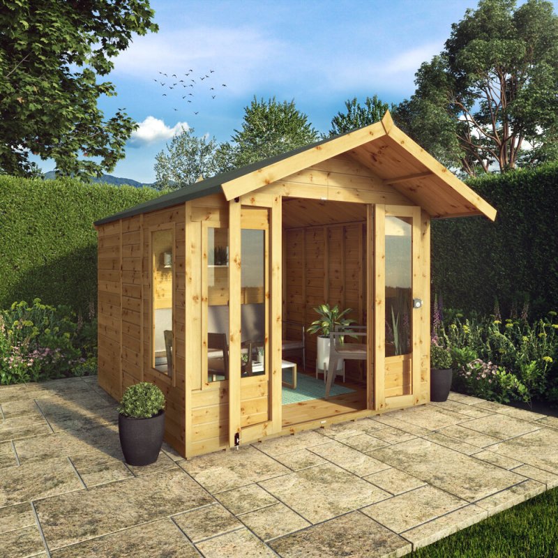 8x8 Mercia Premium Sussex Summerhouse - in situ, angle view, doors open