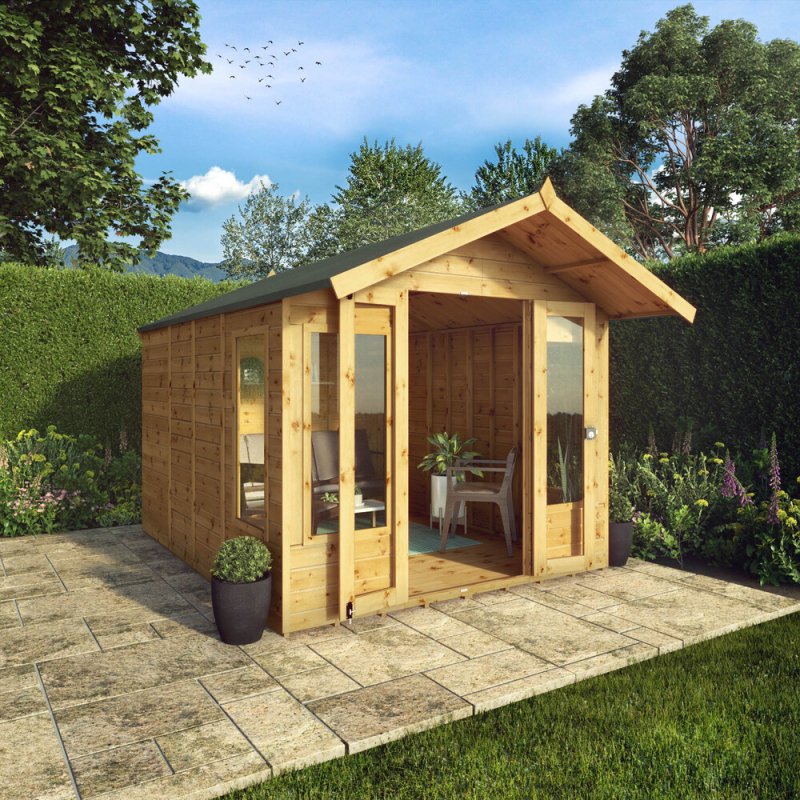 8x10 Mercia Premium Sussex Summerhouse - in situ, angle view, doors open