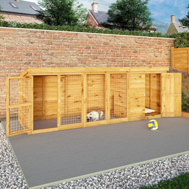 12 x 4 Mercia Shiplap Berkshire Dog Kennel & Run - in situ, angle view, doors open