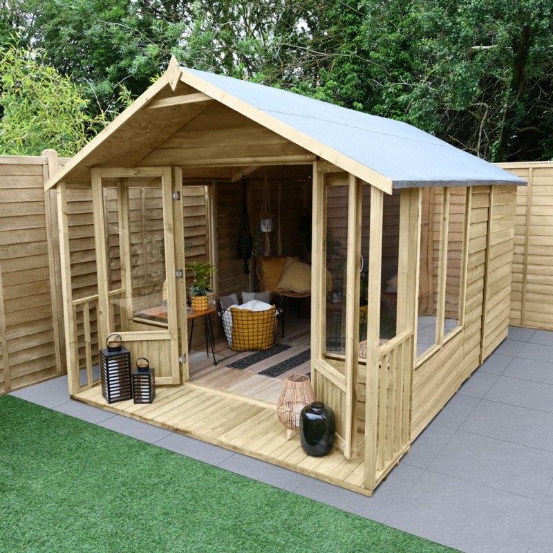 8x12 Forest Oakley Summerhouse with Verandah - Pressure Treated - In Situ - angle view, doors open