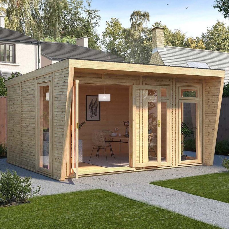 The Mercia Harlow Premium Insulated Garden Room 4m x 3m - in situ, angle view, doors open