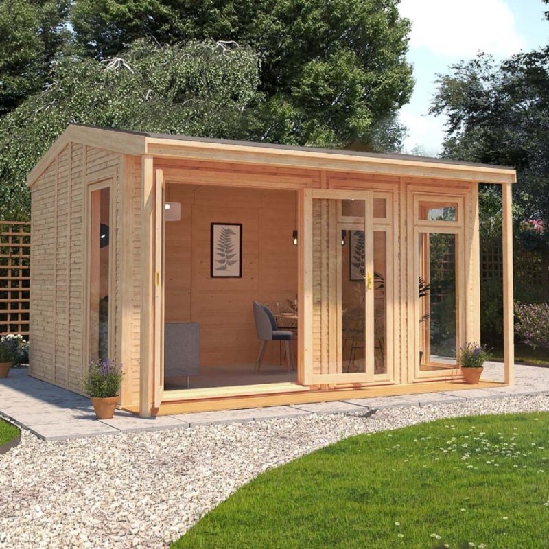 The Mercia Thoresby Premium Insulated Garden Room 4m x 3m - in situ, angle view