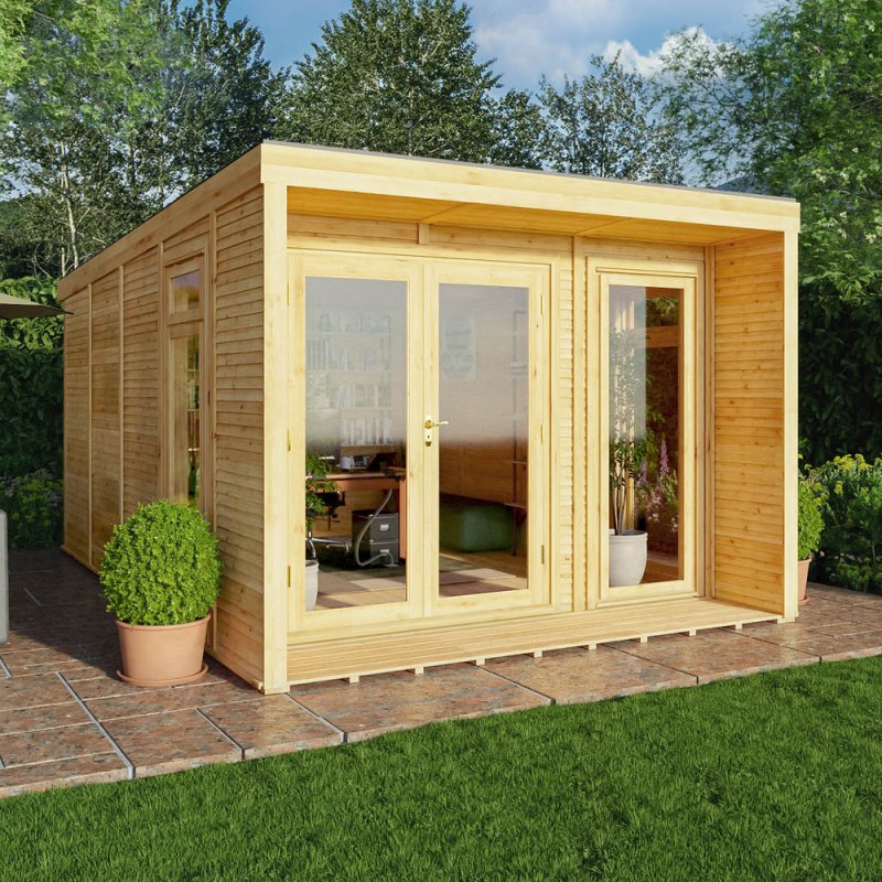 The Mercia Creswell Premium Insulated Garden Room 3m x 4m - in situ, angle view, doors closed