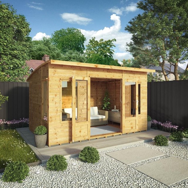 12x8 Mercia Premium Helios Summerhouse - Angle View doors open