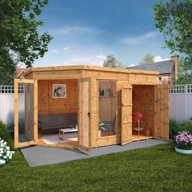 12x8  Mercia Corner Summerhouse with Side Shed - in situ - angle view - doors open
