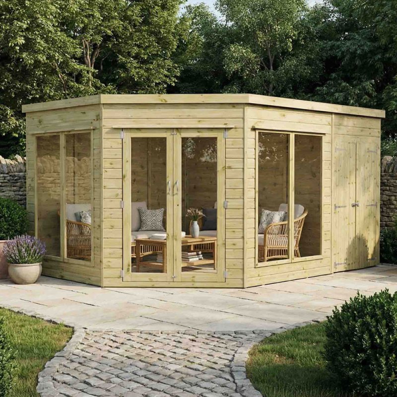 13x9  Mercia Corner Summerhouse with Side Shed - in situ - angle view - doors closed