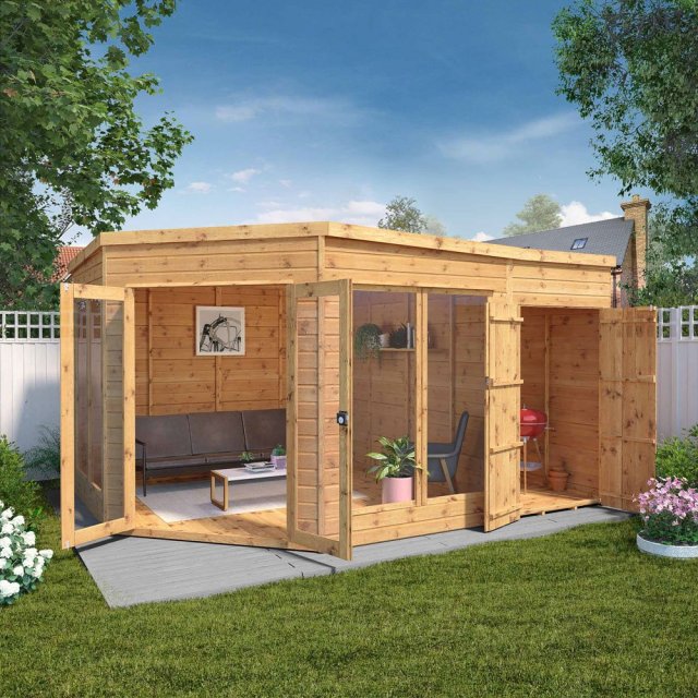 13x9  Mercia Corner Summerhouse with Side Shed - in situ - angle view - doors open