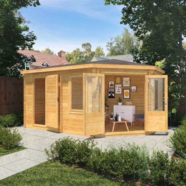 17x10 Mercia Corner Lodge Plus Log Cabin with Side Shed - in situ - angle view - doors open