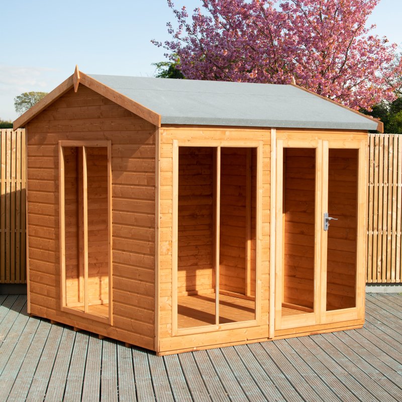 8x8 Shire Mayfield Summerhouse - in situ, angle view, doors closed