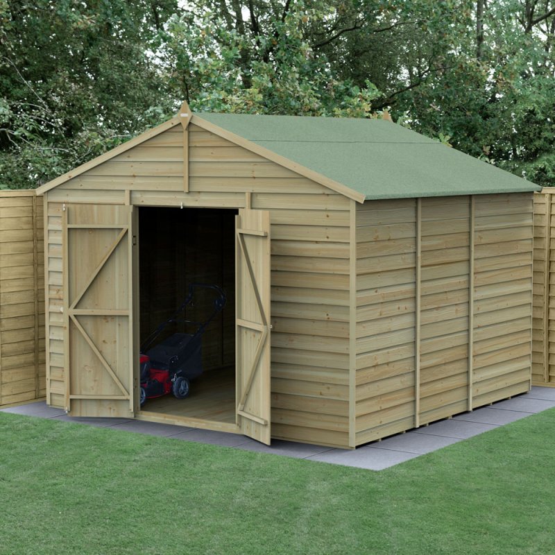 10x10 Forest 4Life Overlap Windowless Apex Shed with Double Doors - with doors open