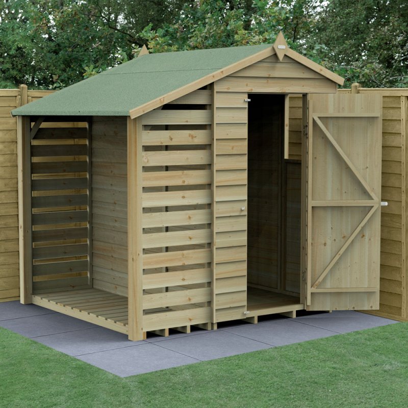 4x6 Forest 4Life Overlap Apex Shed with Lean To - with doors open