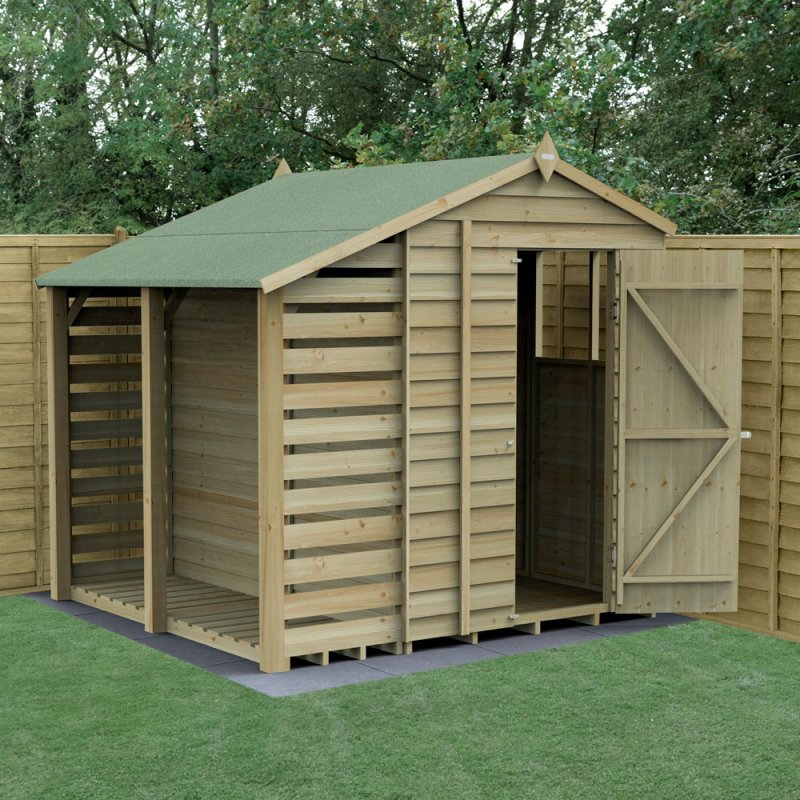 5 x 7 (2.18m x 2.31m) Forest 4Life Overlap Apex Shed with Lean To - with doors open