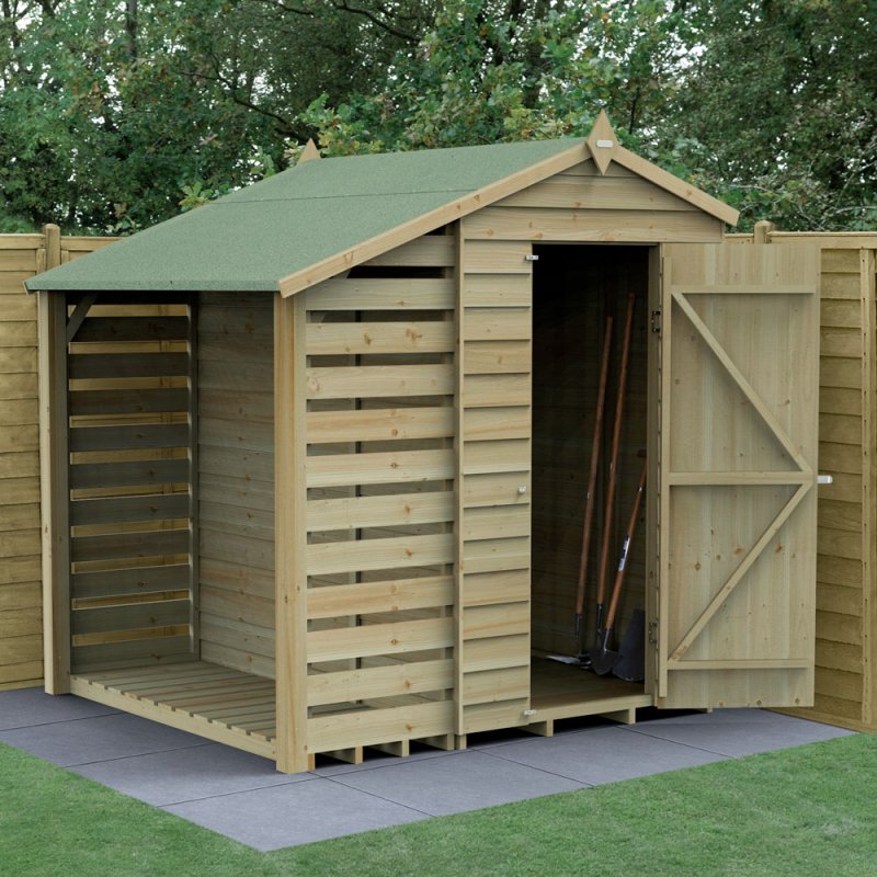 4x6 Forest 4Life Overlap Windowless Apex Shed with Lean to - with doors open