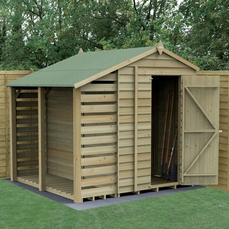 5x7 Forest 4Life Overlap Windowless Apex Shed with Lean to - with doors open
