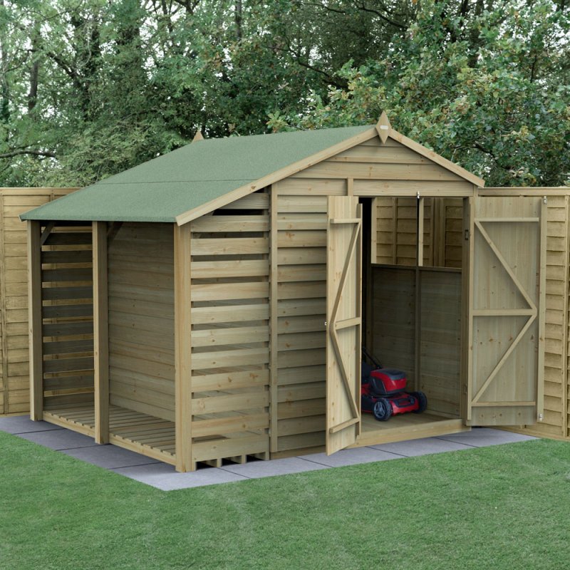 6x8 Forest 4Life Overlap Apex Shed with lean to - with doors open