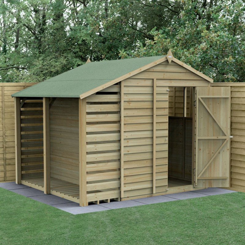 6x8 Forest 4Life Overlap Apex Shed with Lean To - with doors open