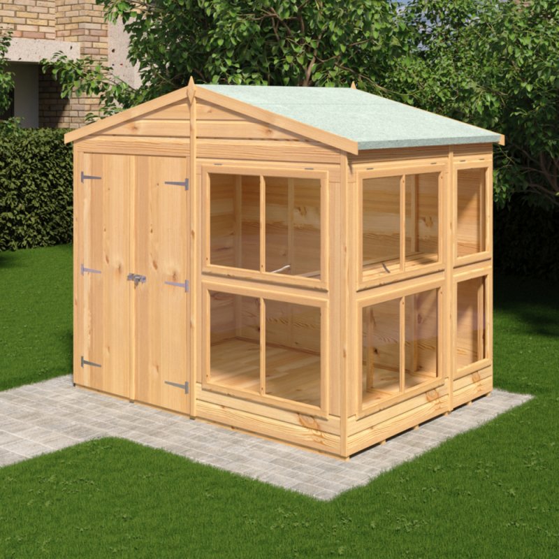 8 x 6 Shire Shiplap Apex Sun Hut Potting Shed - in situ, angle view
